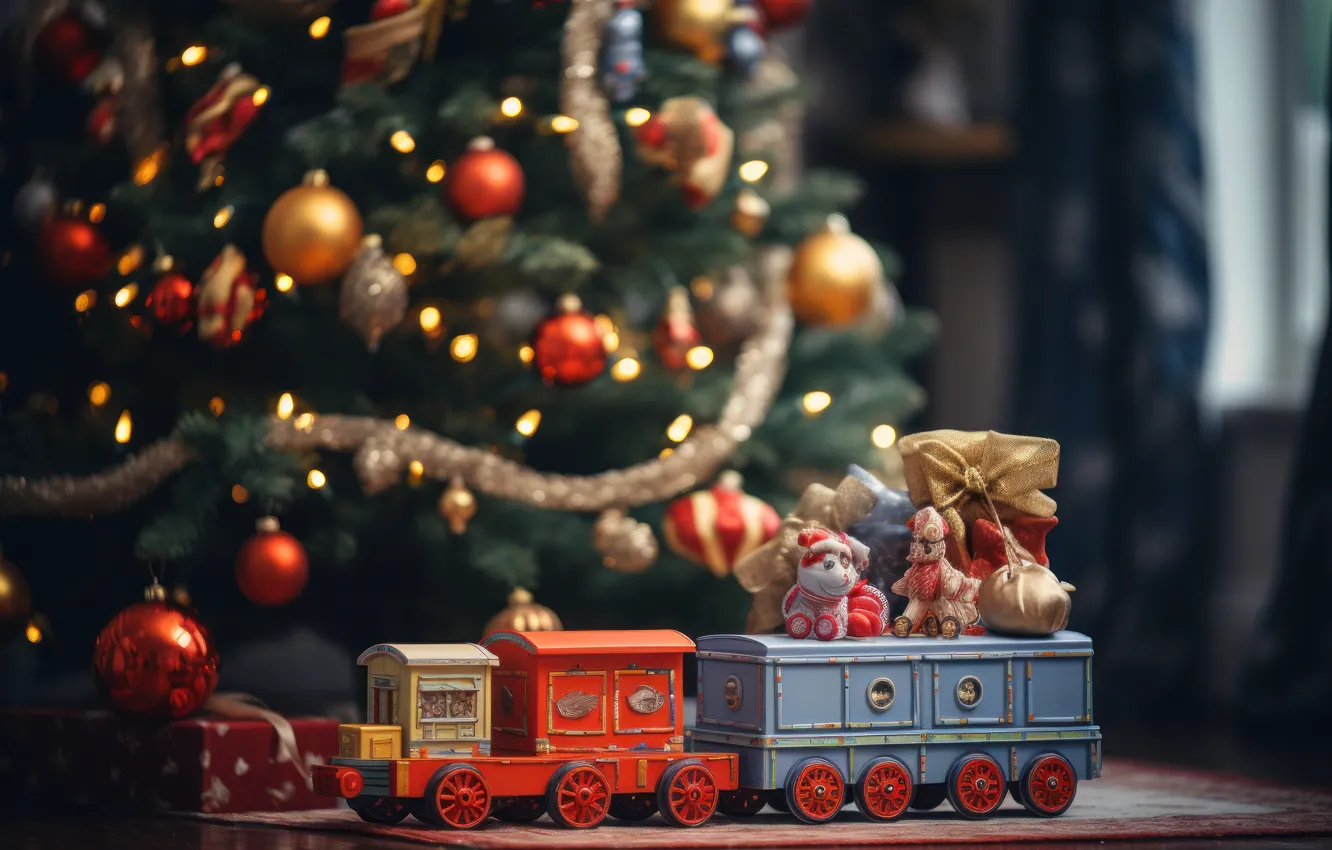 Photo wallpaper toy, new year, train, the engine, Christmas, train, AI art, neural network