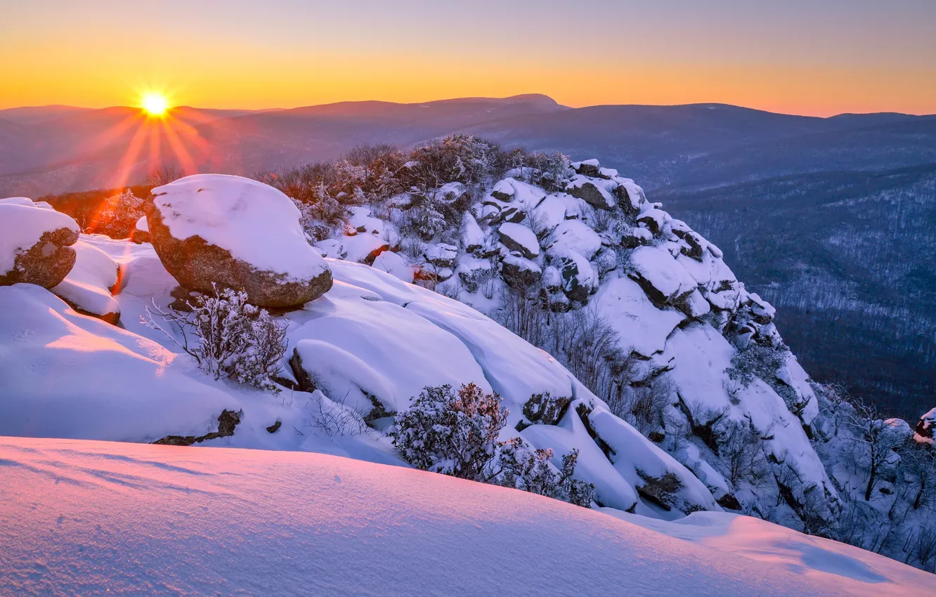 Photo wallpaper winter, snow, sunset, mountains, the snow, Virginia, Virginia, Shenandoah National Park