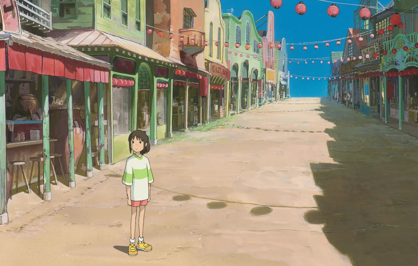 Photo wallpaper road, street, girl, signs, lanterns, art, spirited away, spirited away