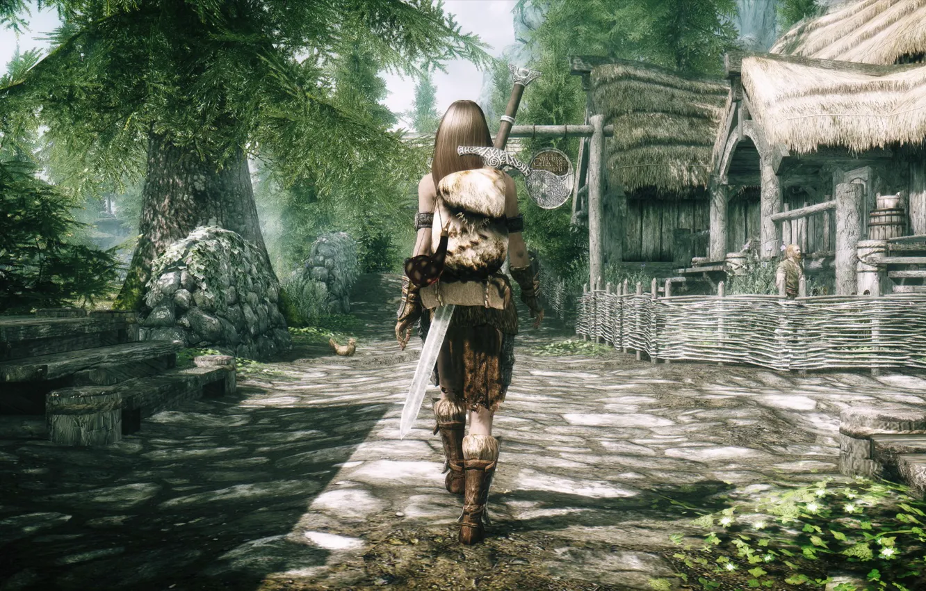 Photo wallpaper girl, the fence, back, sword, village, stage, Skyrim, is