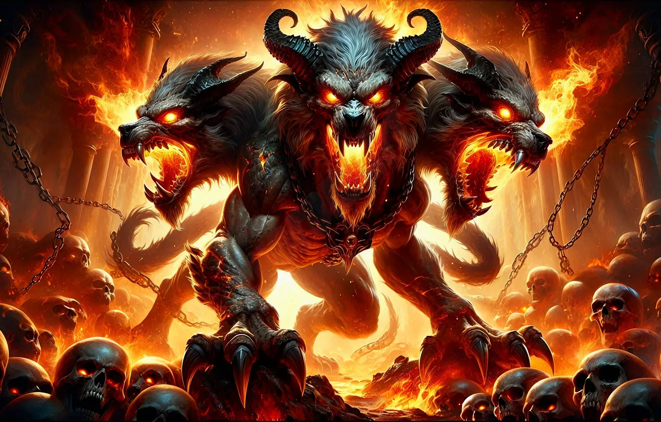 Photo wallpaper skull, lights, flame, Cerberus, the Hellhound, horns