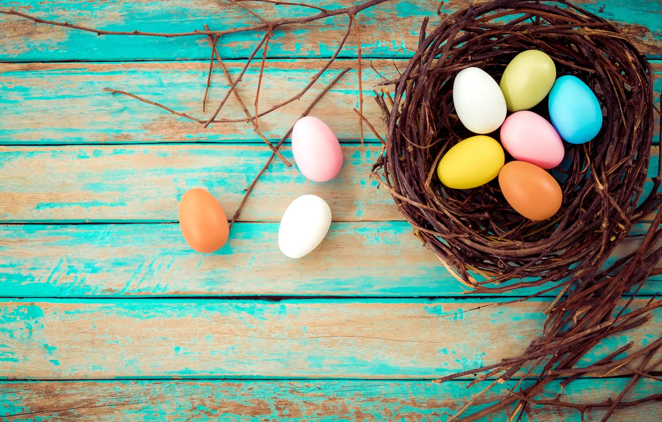 Photo wallpaper branches, basket, eggs, spring, colorful, Easter, vintage, wood