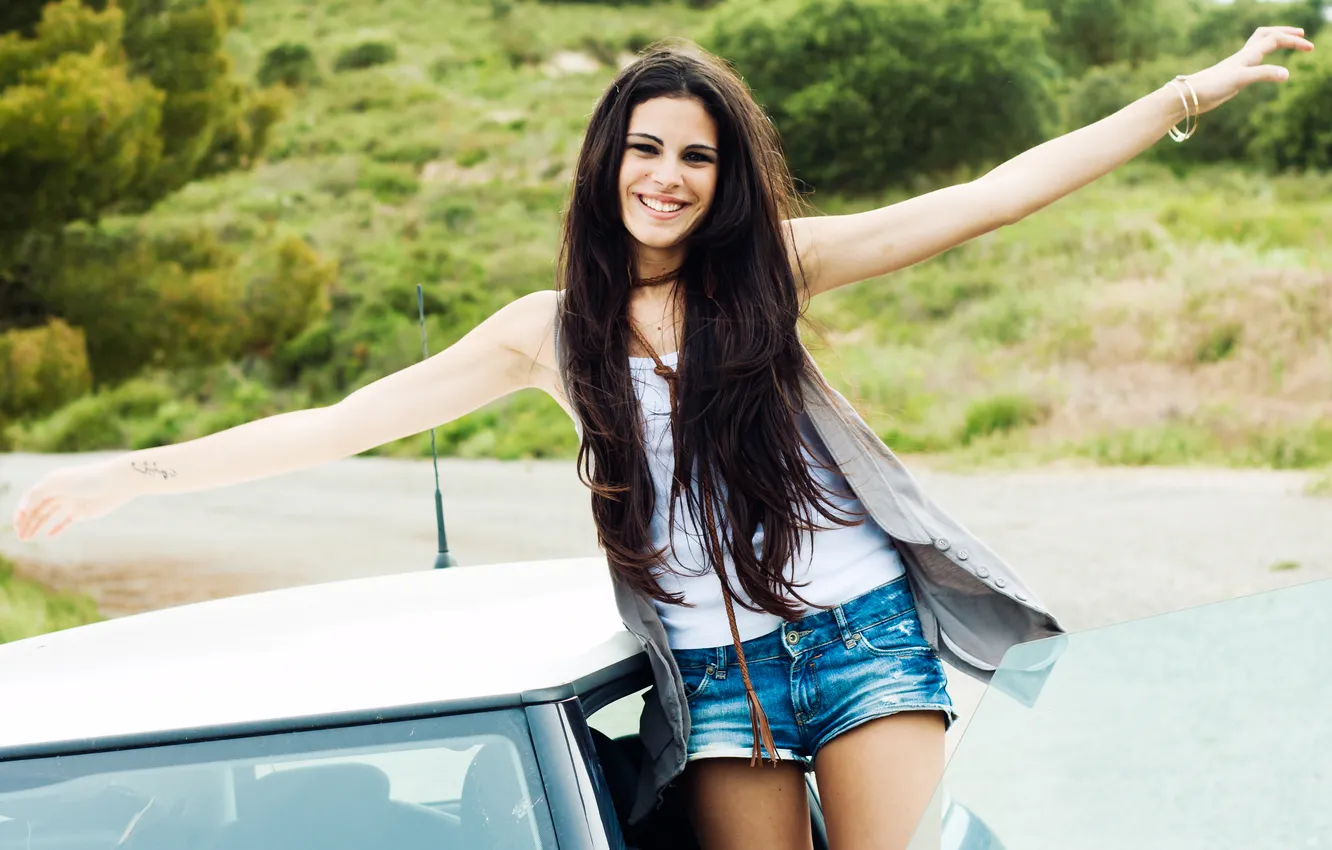 Photo wallpaper Charming, shorts, woman, brunette, model, long-haired, young, jeans