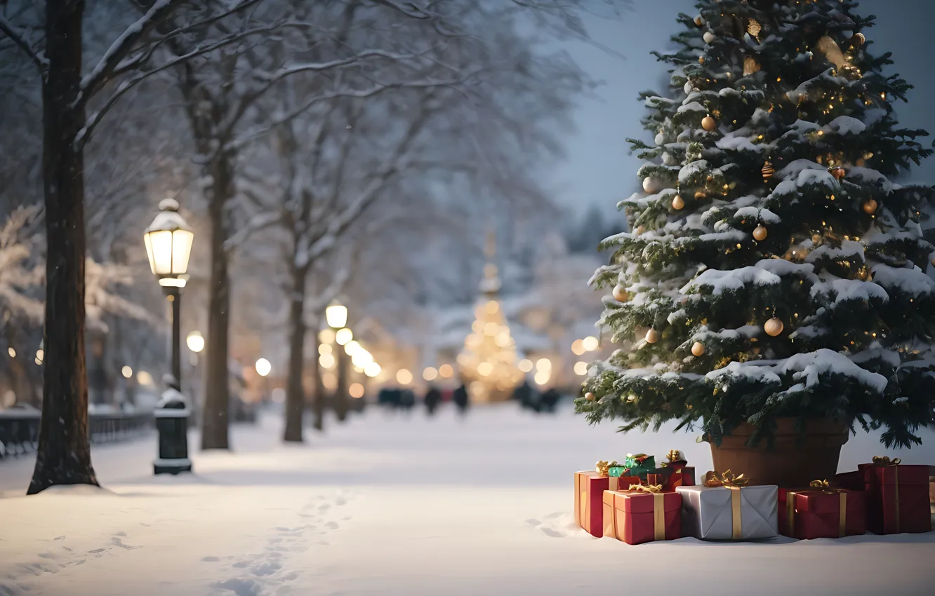 Photo wallpaper winter, snow, decoration, night, lights, Park, tree, new year