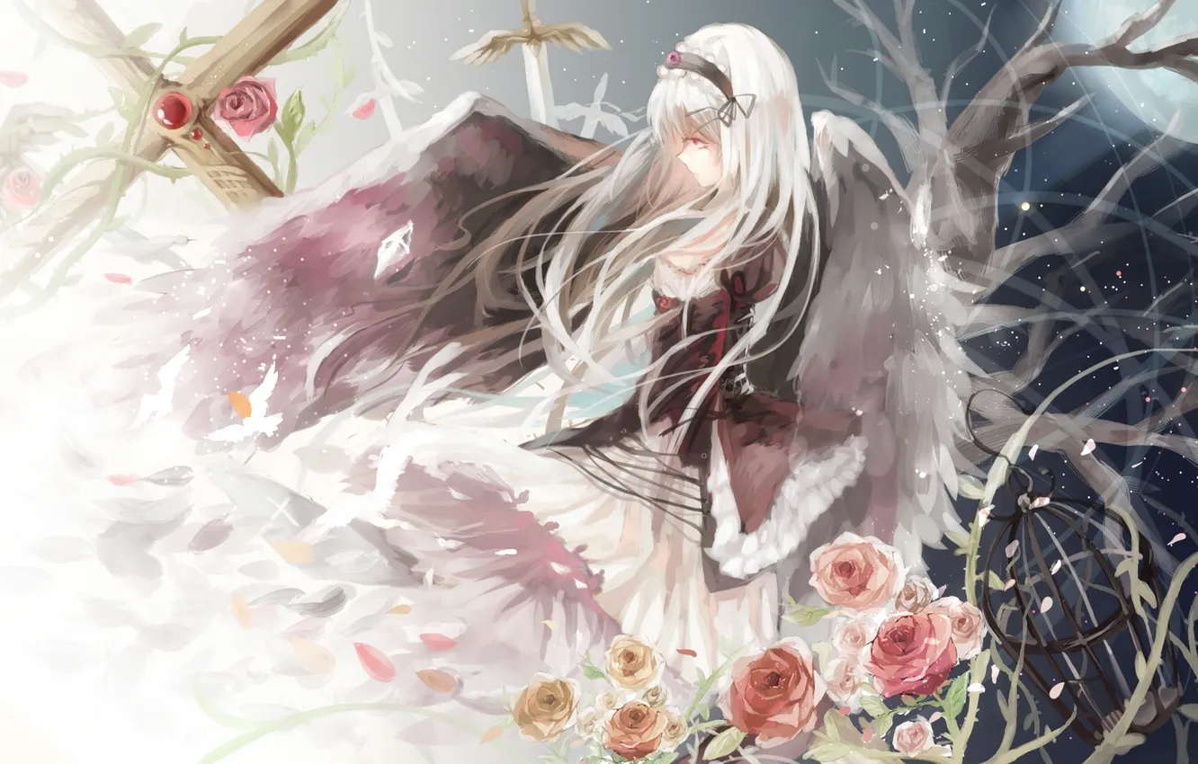 Photo wallpaper girl, flowers, night, weapons, branch, the moon, roses, sword