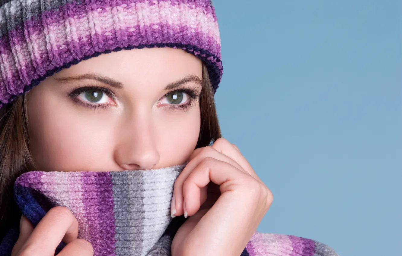 Photo wallpaper eyes, look, girl, green, beautiful, cap, sweater, beautiful girl