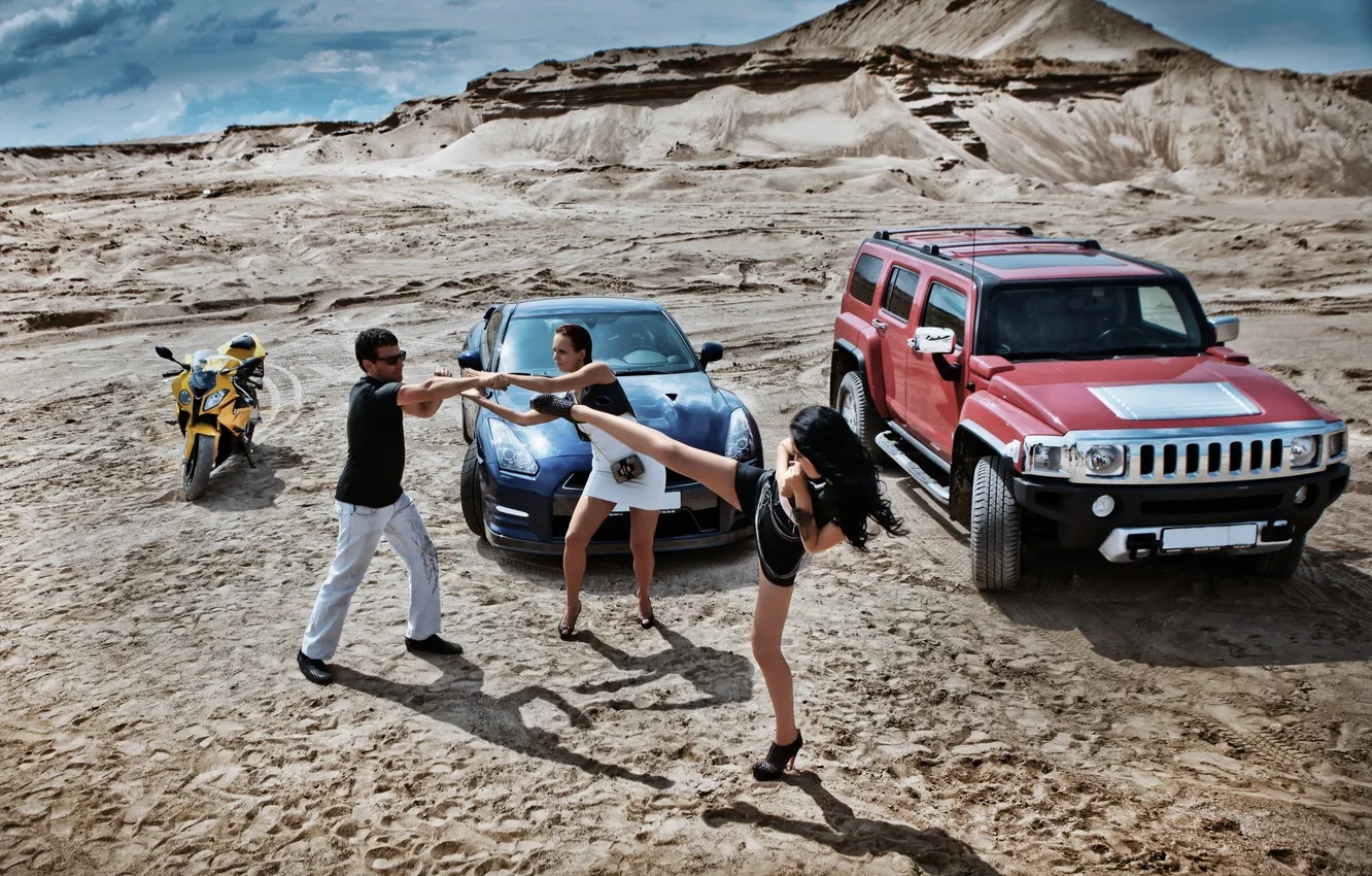 Photo wallpaper auto, girl, weapons, desert, Moto, BMW, fight, GTR