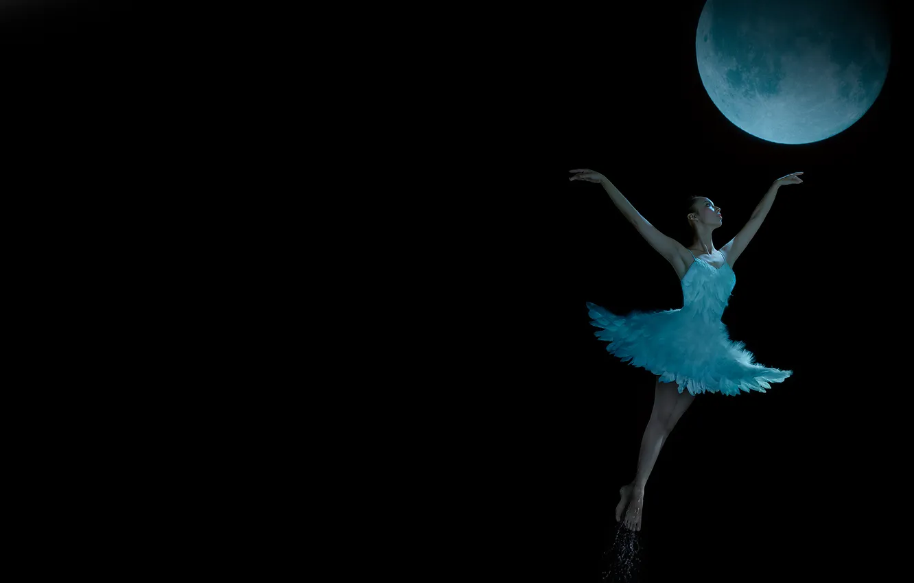 Photo wallpaper girl, flight, squirt, fantasy, the moon, feathers, the dark background, grace