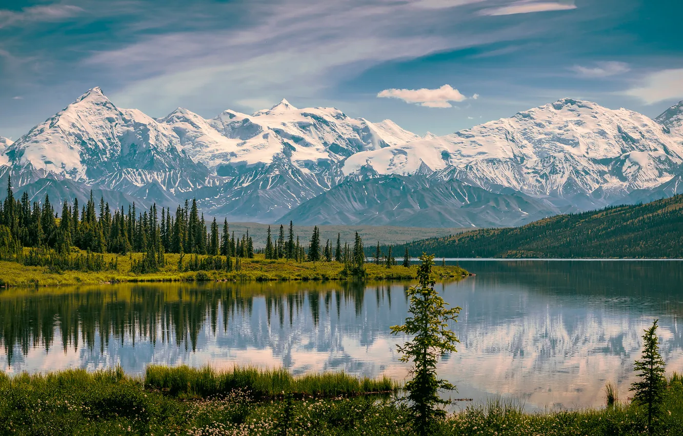 Photo wallpaper the sky, the sun, trees, landscape, mountains, nature, river, Alaska