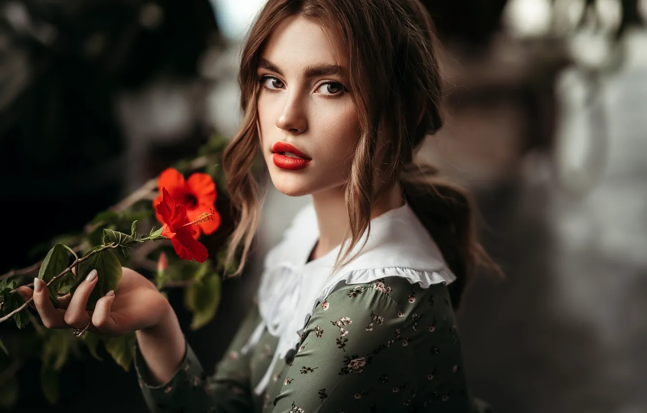 Photo wallpaper flower, look, girl, makeup, dress, brown hair, hibiscus, Elvin Zabirova