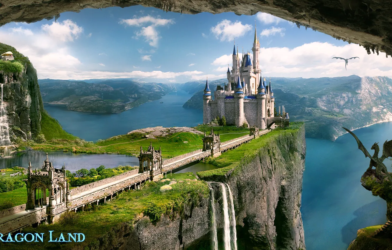 Photo wallpaper sea, mountains, lake, castle, rocks, waterfall, dragons, dragon land