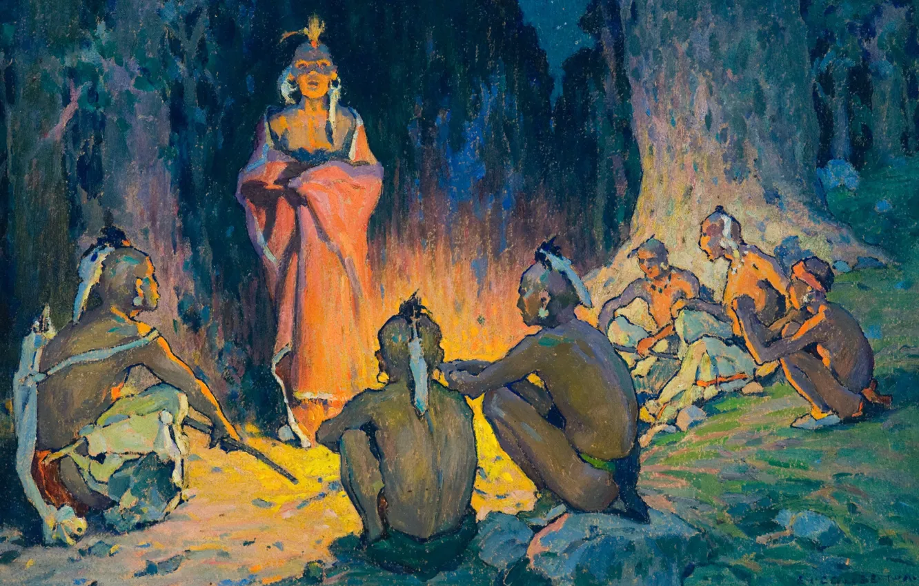 Photo wallpaper lights, the fire, Tribe, Eanger Irving Couse, (about 1926), The Speaker