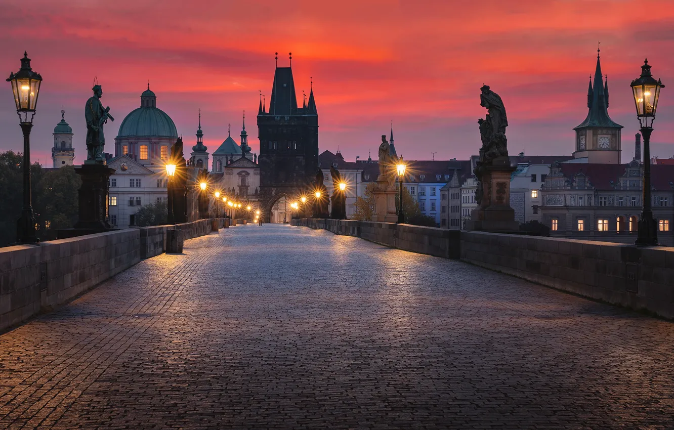 Photo wallpaper night, bridge, the city, building, Prague, Czech Republic, lights, temple