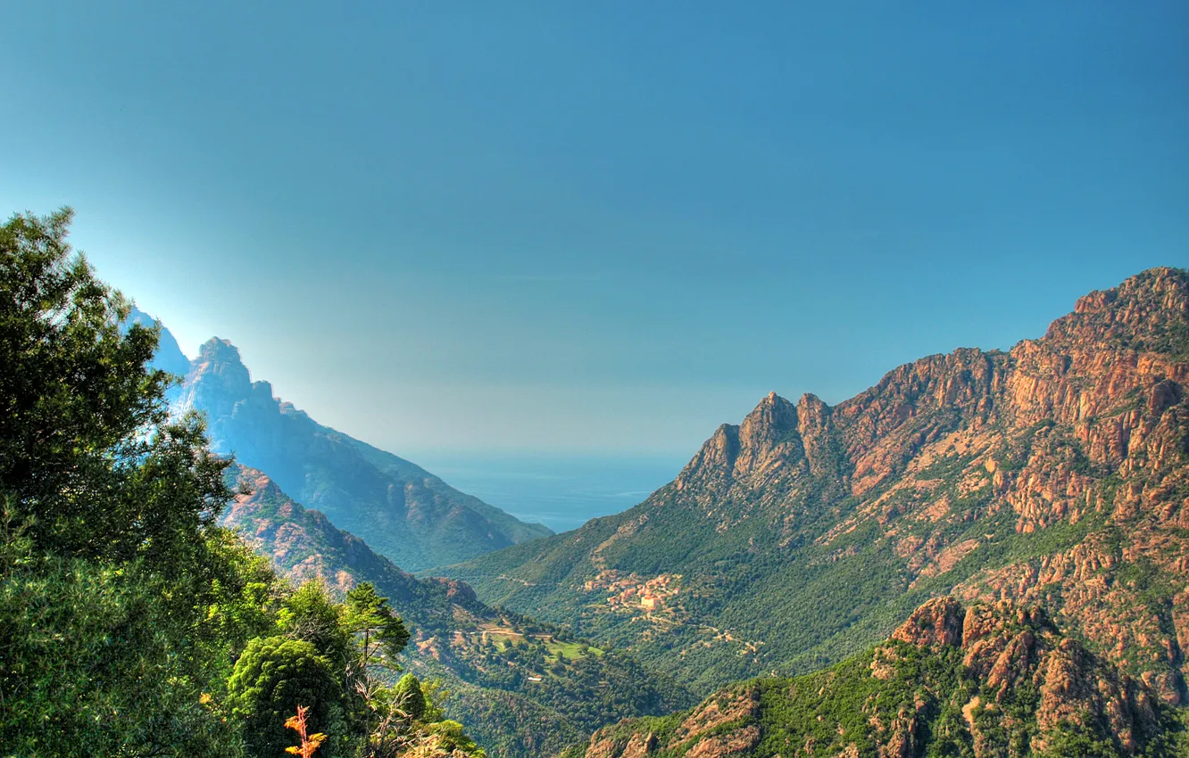 Photo wallpaper the sky, the sun, mountains, rocks, France, treatment, gorge, Corsica