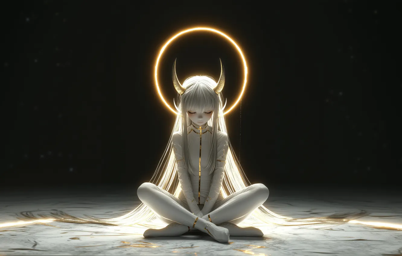 Photo wallpaper light, pose, girl, horns, halo, Holy, a sinner, fantastic art