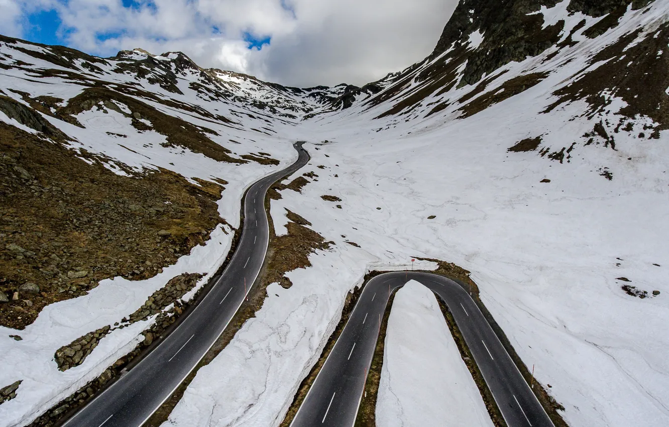 Photo wallpaper road, snow, nature, mountain