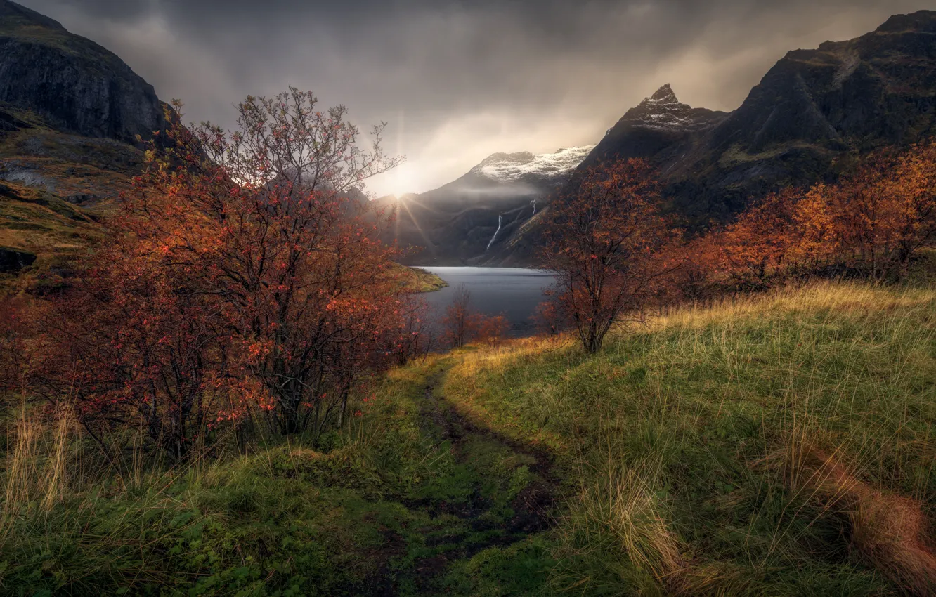 Photo wallpaper autumn, the sky, grass, the sun, clouds, light, mountains, nature
