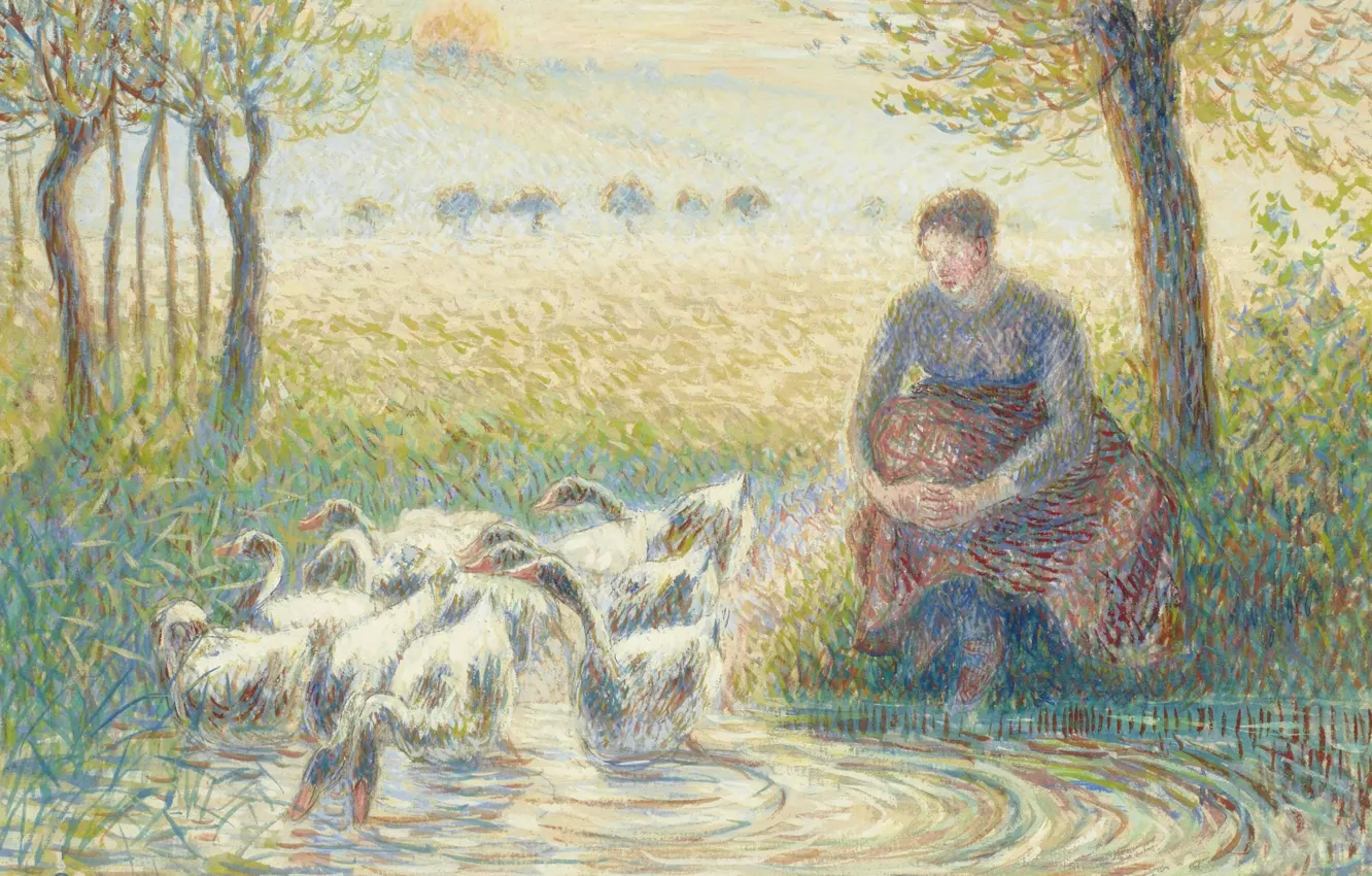 Photo wallpaper birds, picture, genre, Camille Pissarro, Shepherdess with Goose