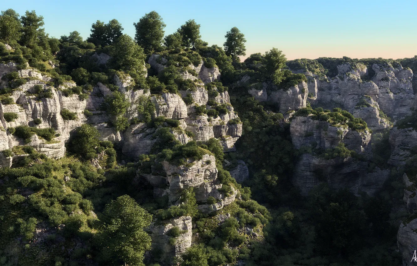 Photo wallpaper mountains, vegetation, Metablob-terrain