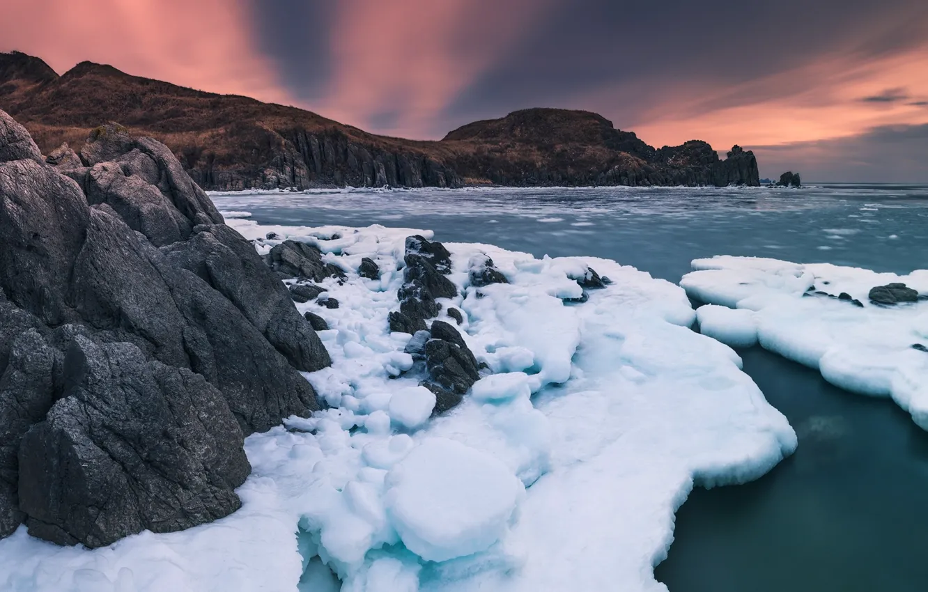 Photo wallpaper snow, rock, Sea, Russia, The sea of Japan