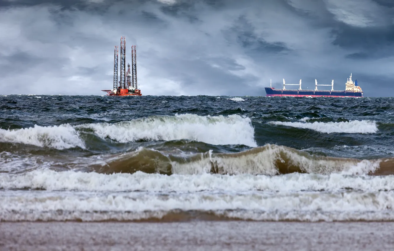 Photo wallpaper sea, wave, clouds, ship, tanker, platform