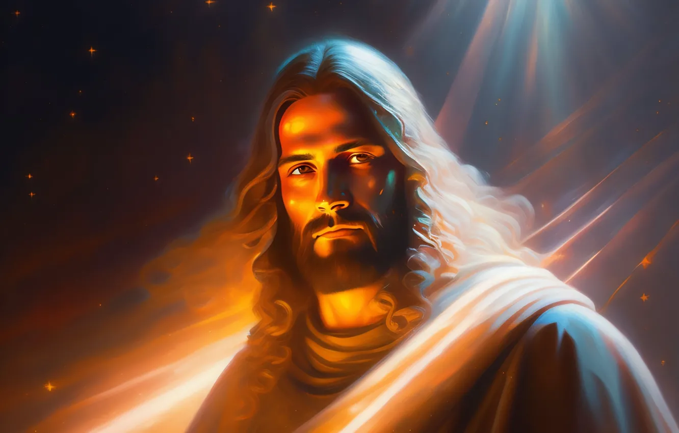 Photo wallpaper look, the dark background, Jesus, hair, male, religion, Jesus Christ, digital art