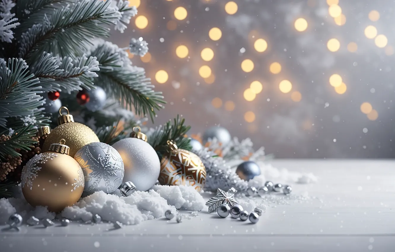 Photo wallpaper winter, snow, decoration, balls, tree, new year, Christmas, golden