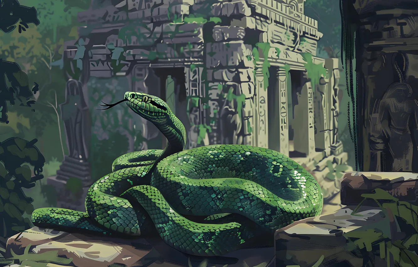Photo wallpaper language, trees, animal, snake, jungle, art, the ruins, reptile