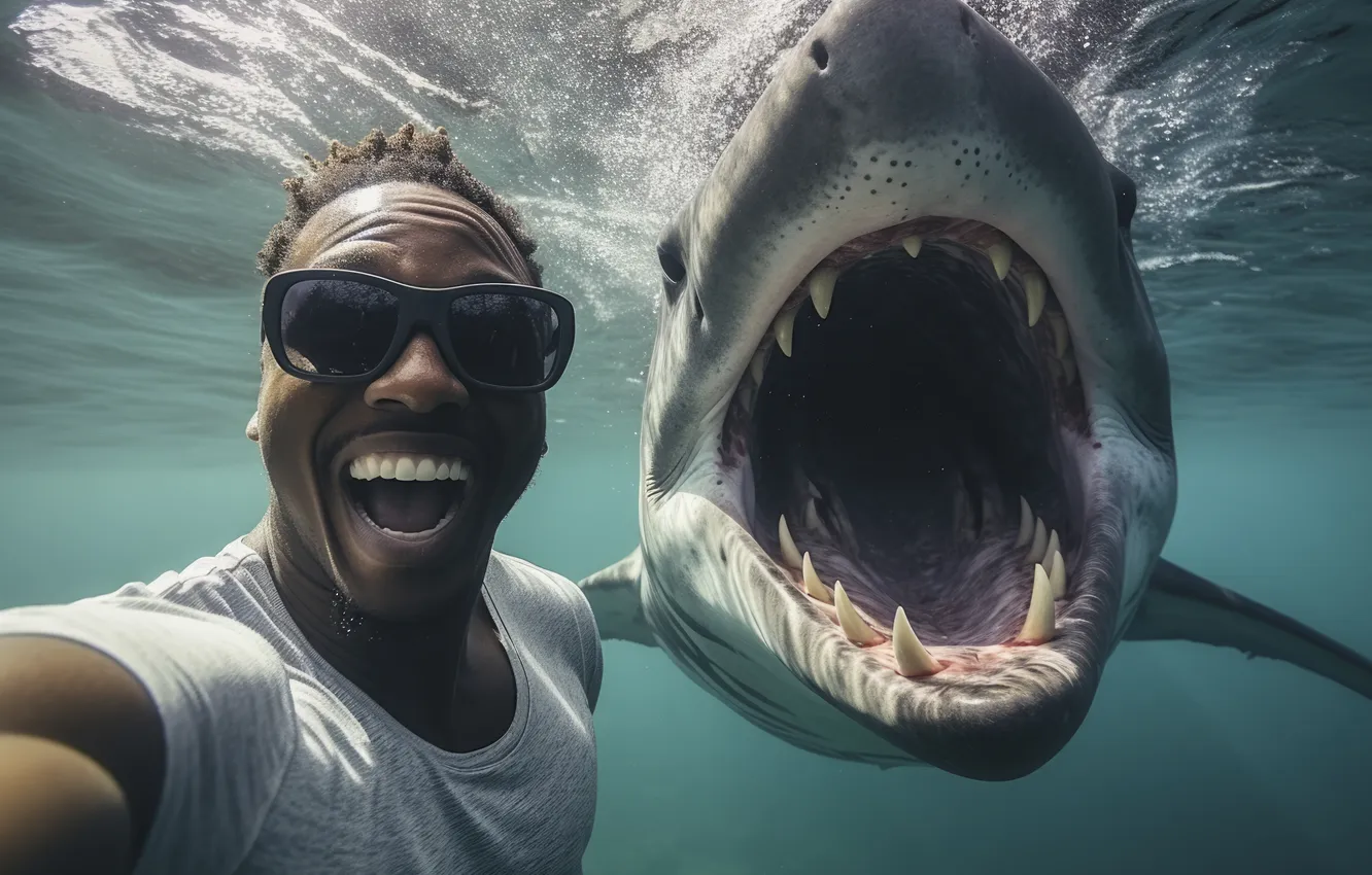 Photo wallpaper face, danger, predator, shark, teeth, male, underwater world, Negro