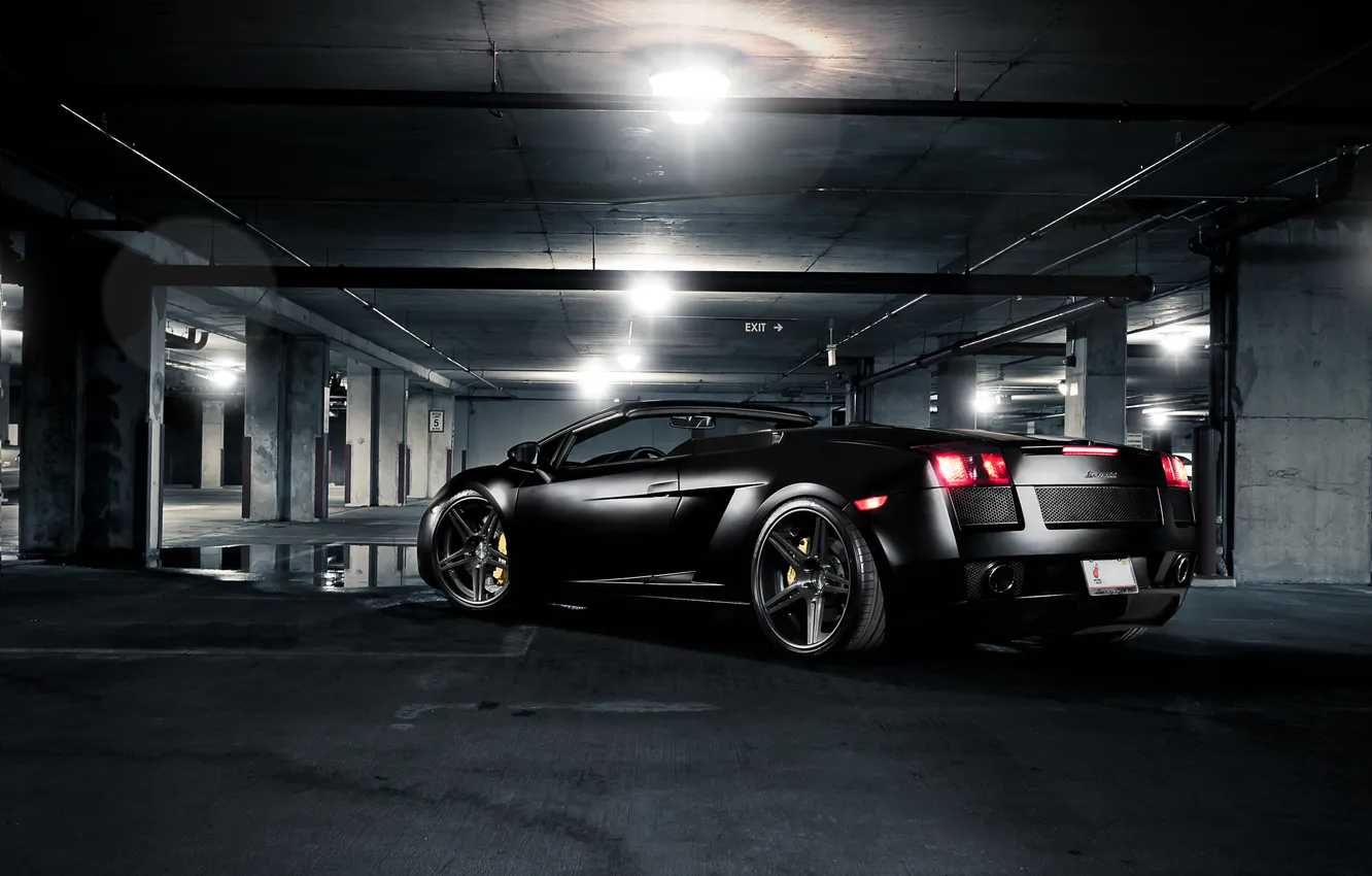 Photo wallpaper light, glare, black, lamp, Lamborghini, puddle, pipe, Parking
