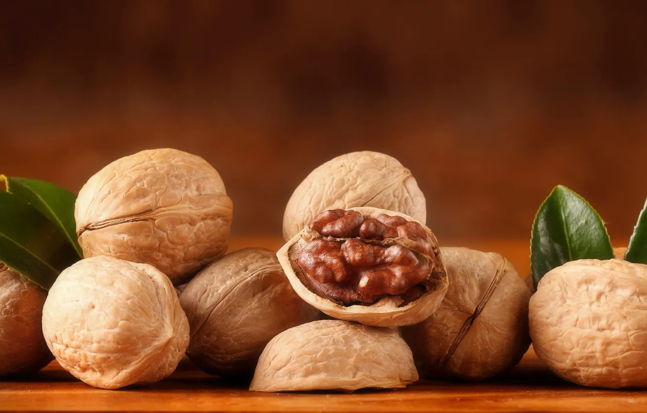 Photo wallpaper nuts, leaves, walnut
