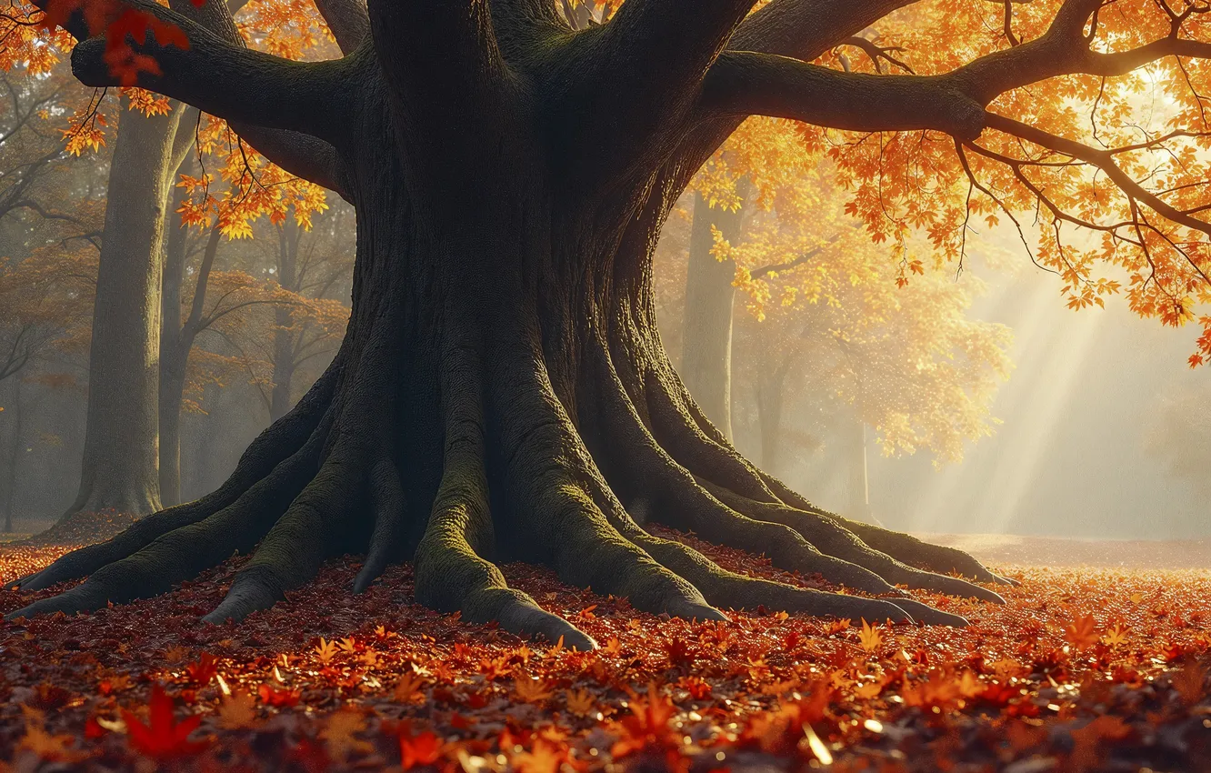 Photo wallpaper autumn, forest, rays, light, trees, branches, roots, fog