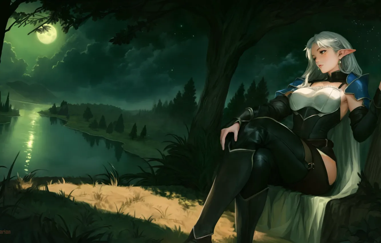 Photo wallpaper night, river, the moon, valley, moon, elf, river, night