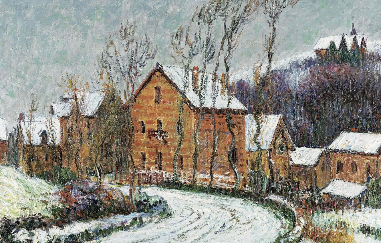 Photo wallpaper winter, road, trees, landscape, home, picture, Gustave Loiseau, Gustave Loiseau