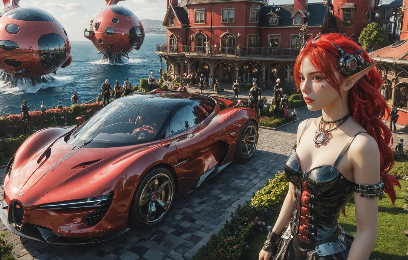Photo wallpaper sea, machine, girl, the city, future, castle, fiction, elf