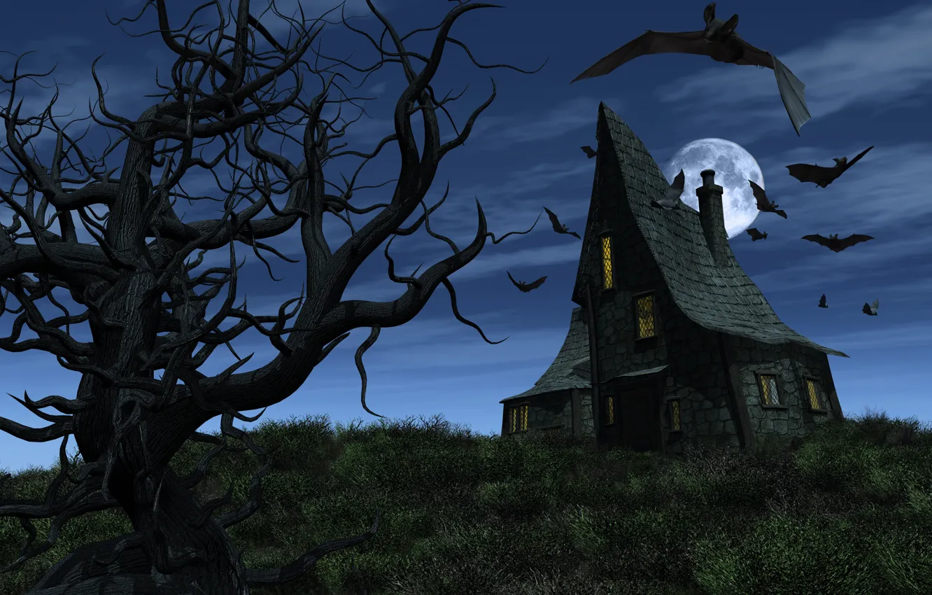 Photo wallpaper Halloween, Halloween, scary, bats, bats, full moon, full moon, Haunted house