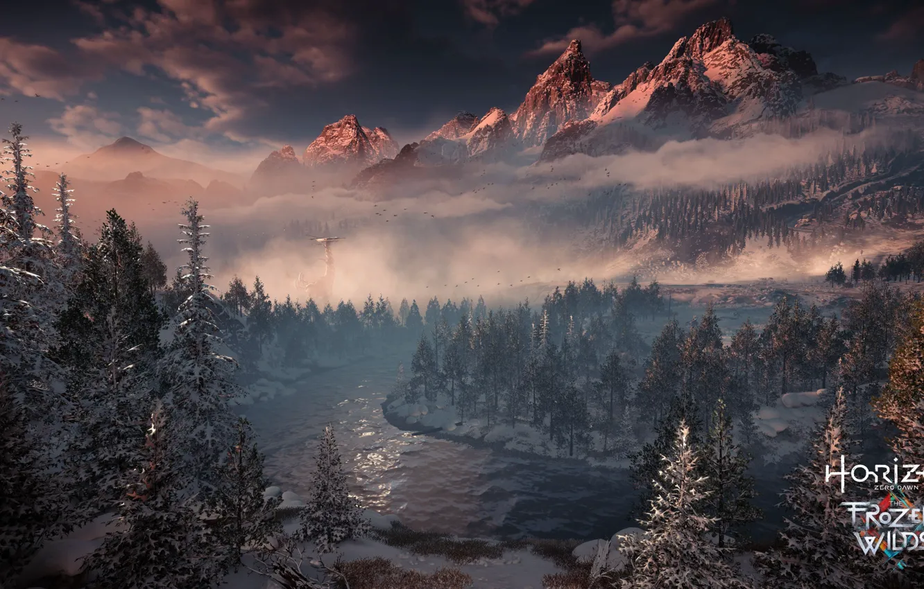 Photo wallpaper game, river, snow, tree, montain, Horizon Zero Dawn, Horizon Zero Dawn The Frozen Wilds