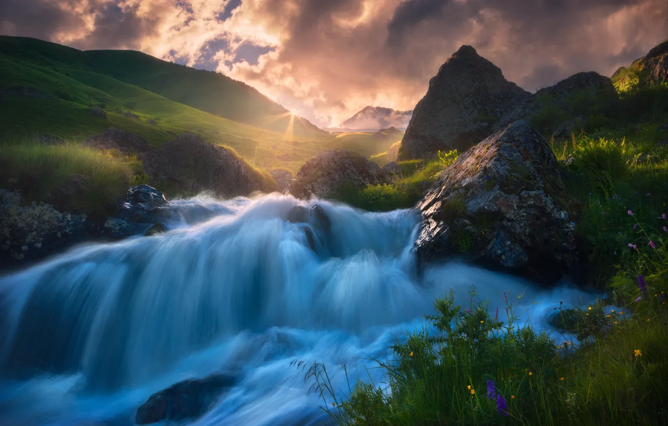 Photo wallpaper the sun, rays, hills, waterfall, meadow