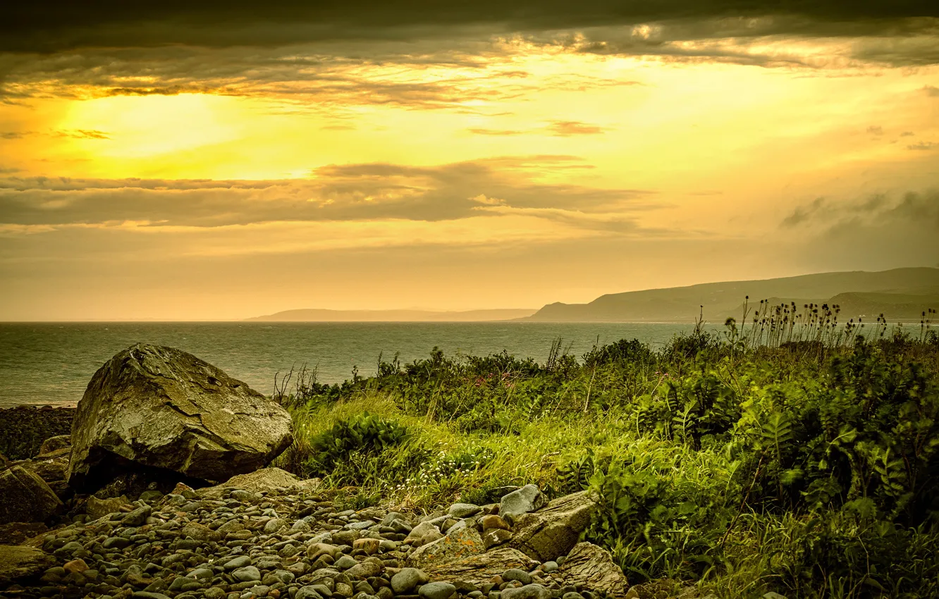 Photo wallpaper sea, the sky, grass, clouds, sunset, stones, coast, horizon