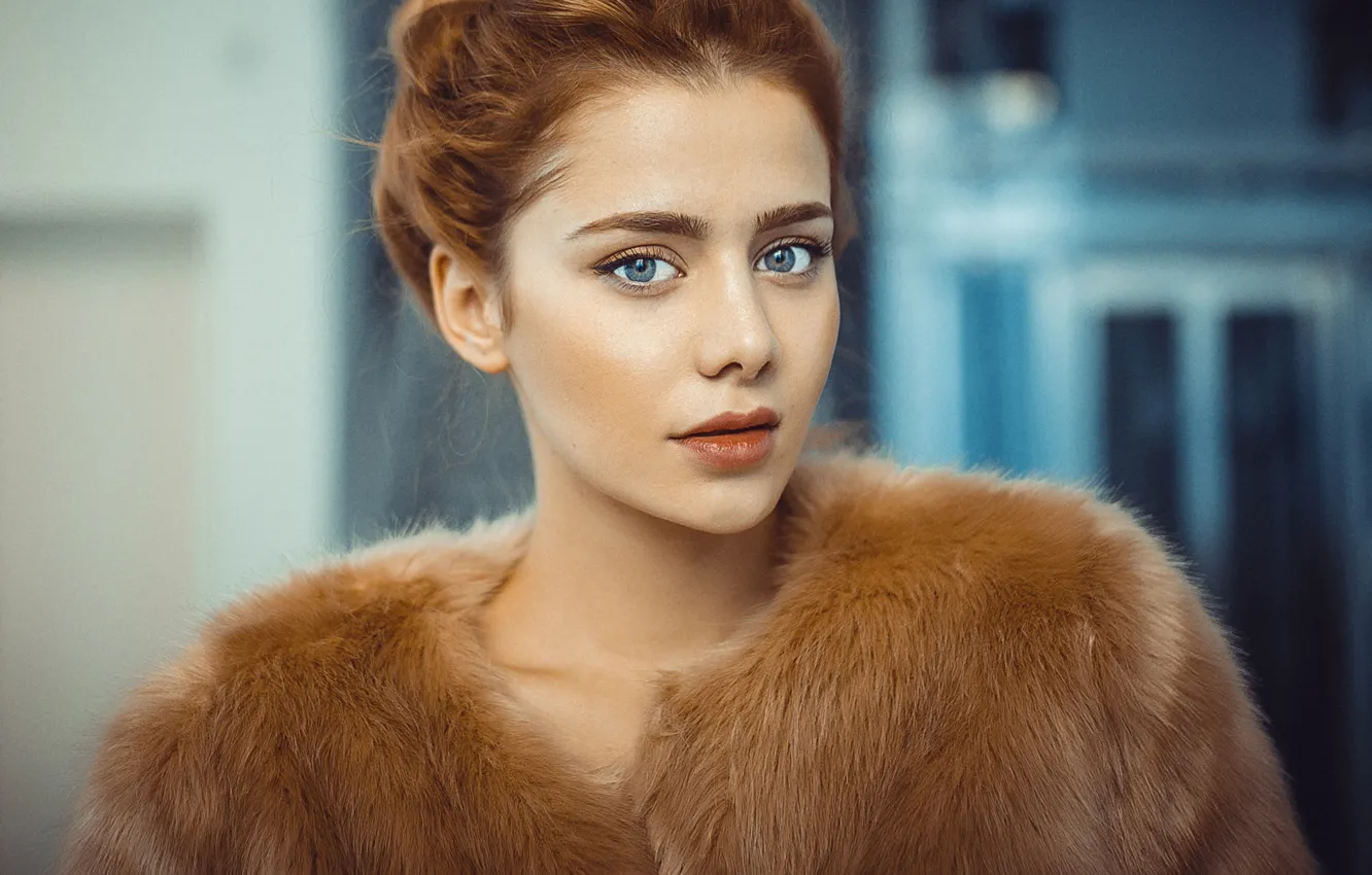 Photo wallpaper look, background, model, portrait, makeup, hairstyle, fur, brown hair