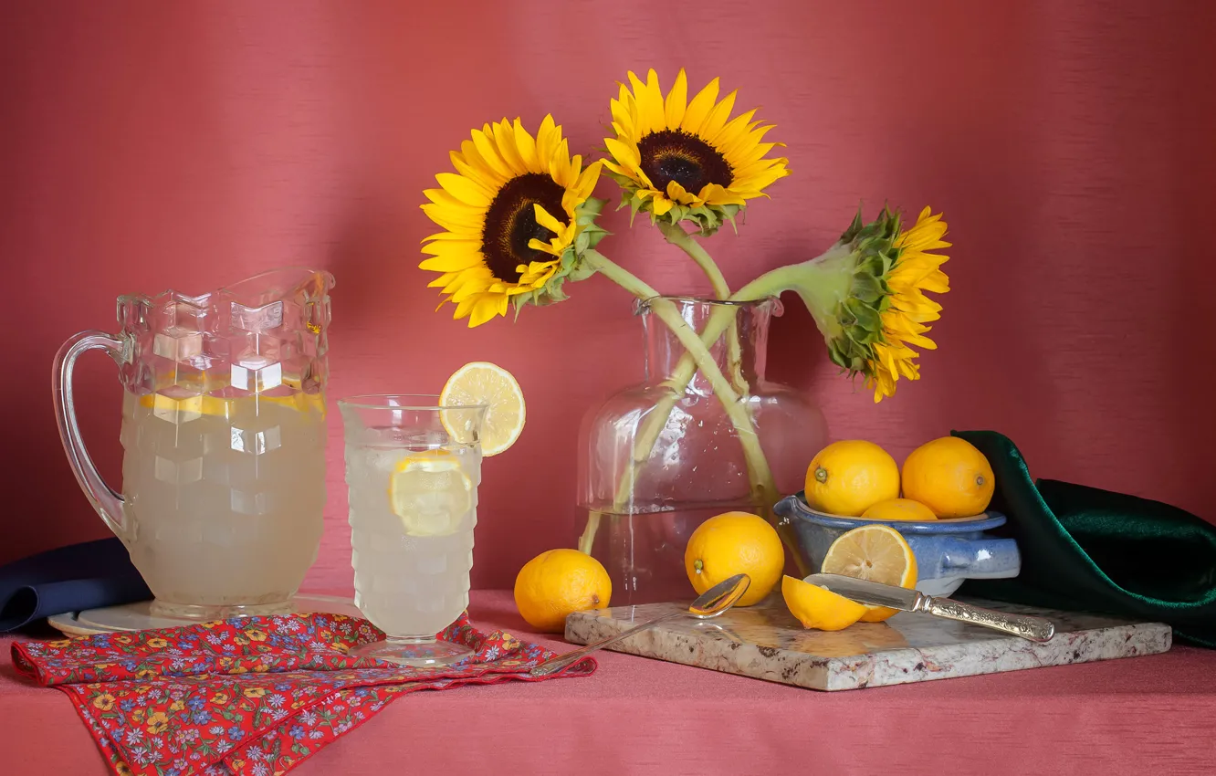 Photo wallpaper glass, table, yellow, spoon, knife, mug, Cup, drink