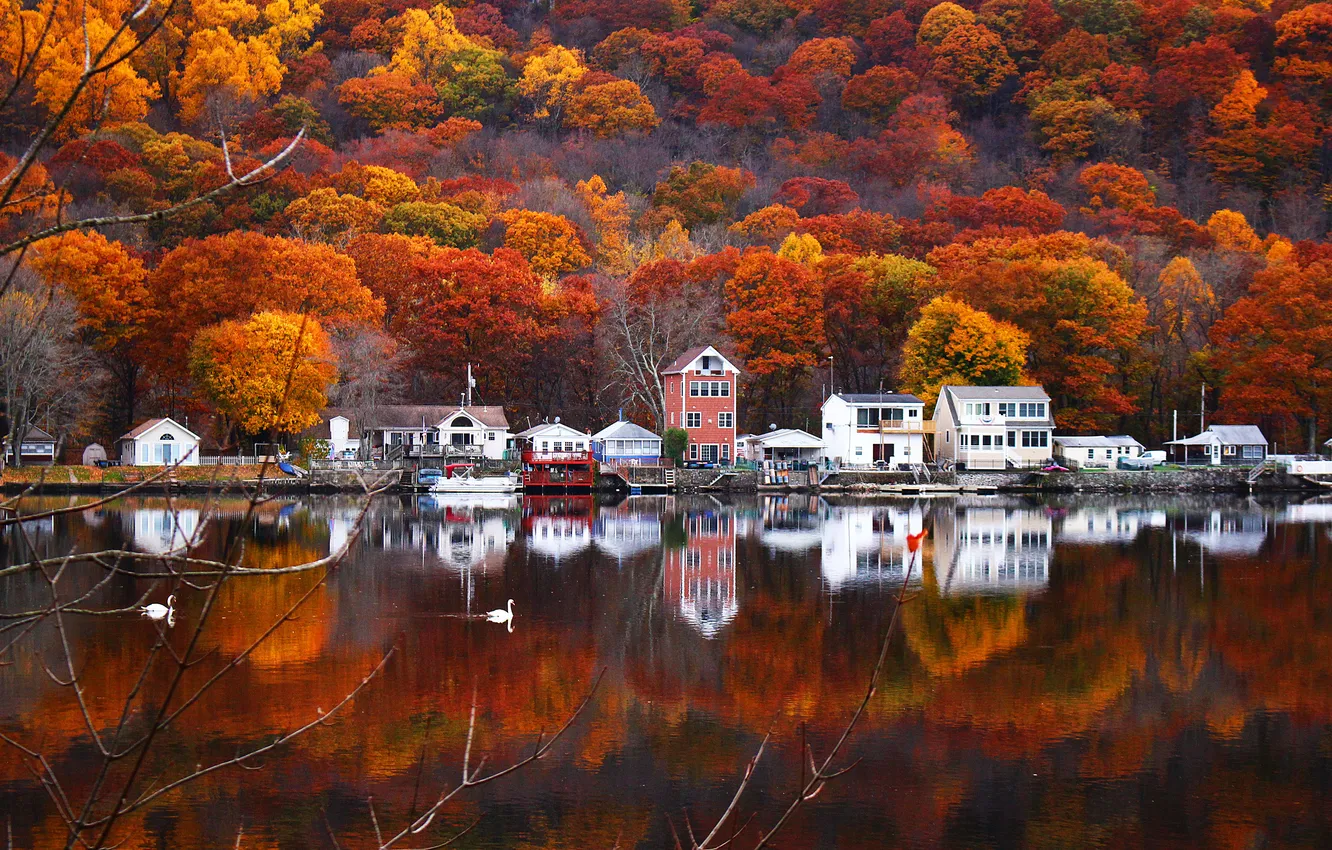 Photo wallpaper autumn, forest, mountains, reflection, home, house