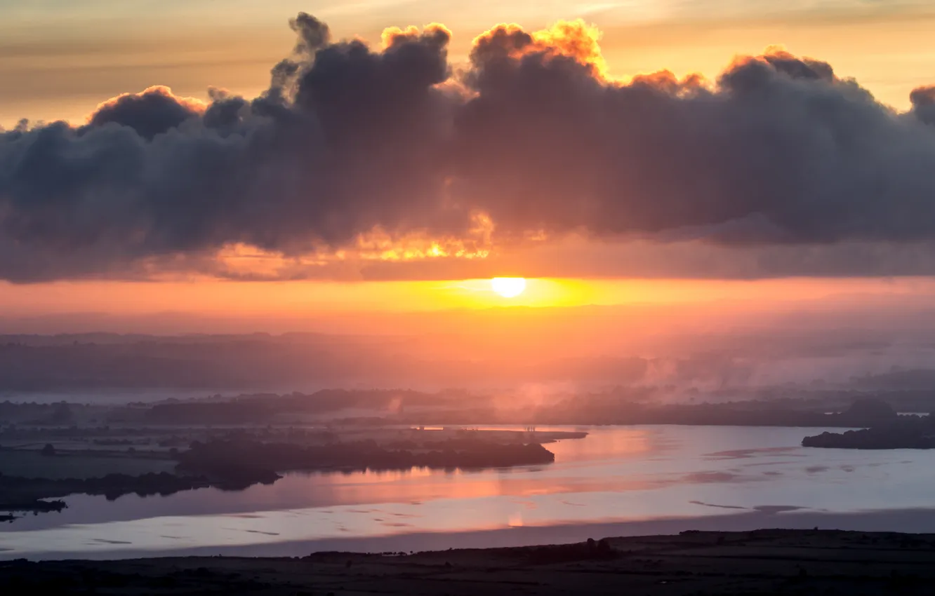 Photo wallpaper the sun, clouds, fog, shore, dal, morning, pond