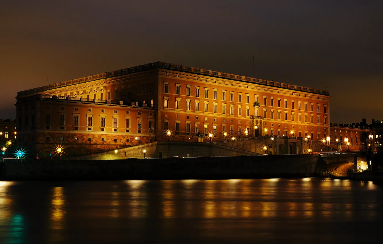Photo wallpaper night, lights, Stockholm, Sweden, promenade, Royal Palace