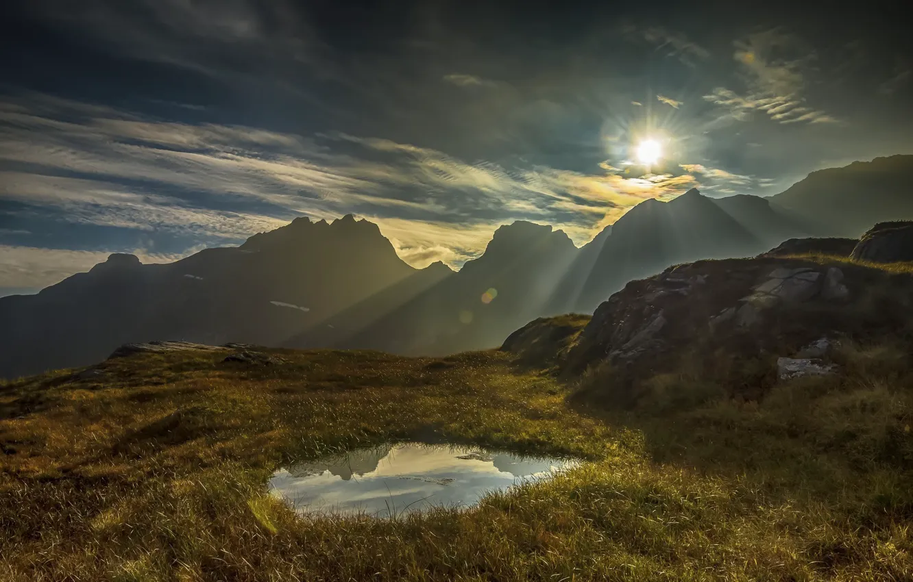 Photo wallpaper the sun, light, mountains, dawn, morning