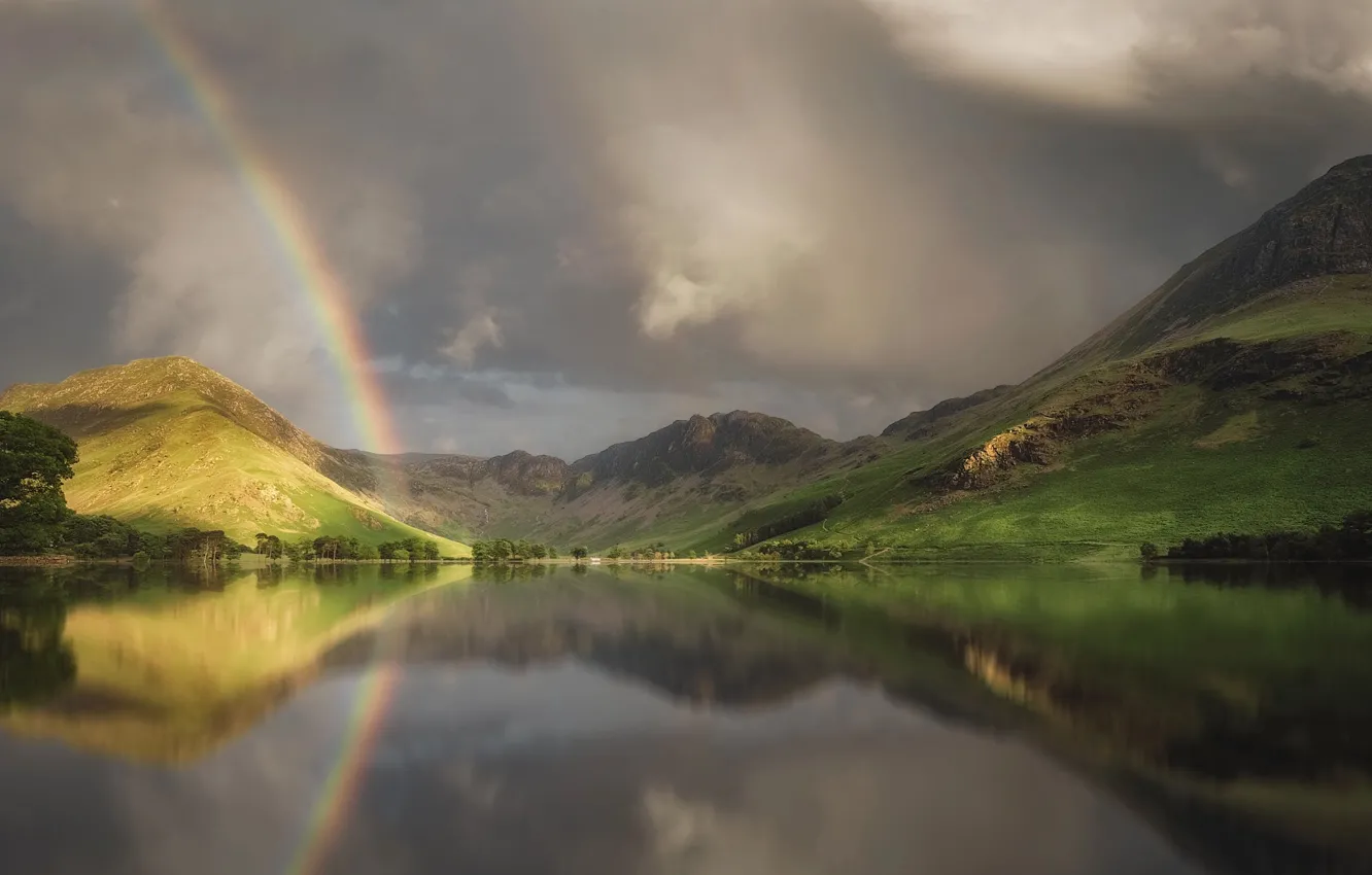 Photo wallpaper summer, mountains, lake, hills, England, rainbow, spring, Scotland