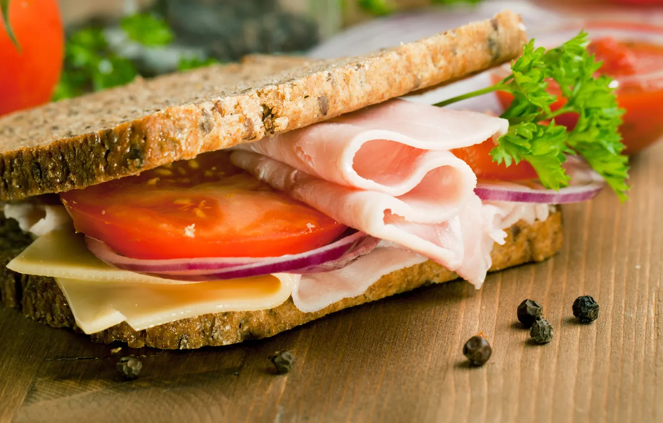 Photo wallpaper greens, cheese, bread, sandwich, tomato, cheese, ham, Fast food