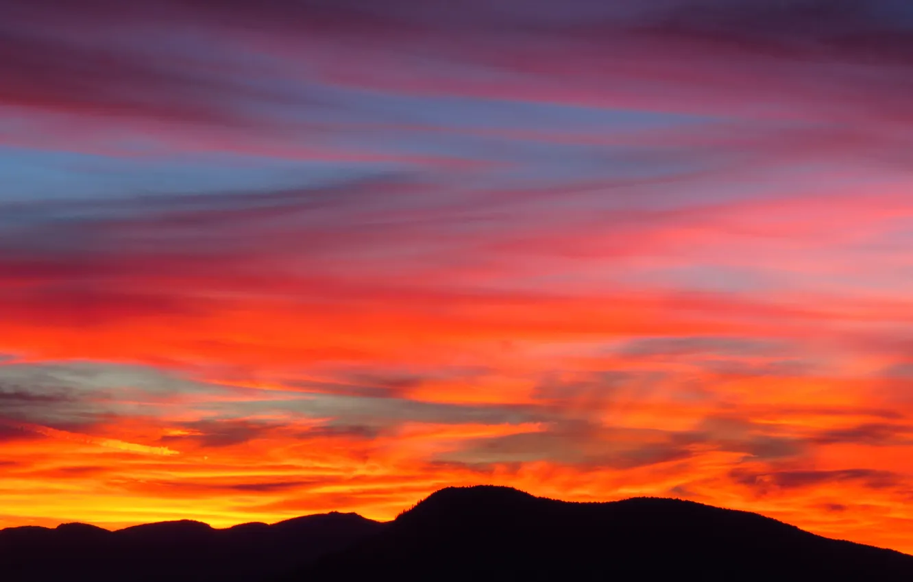 Photo wallpaper clouds, sunset, mountains, silhouette, orange sky