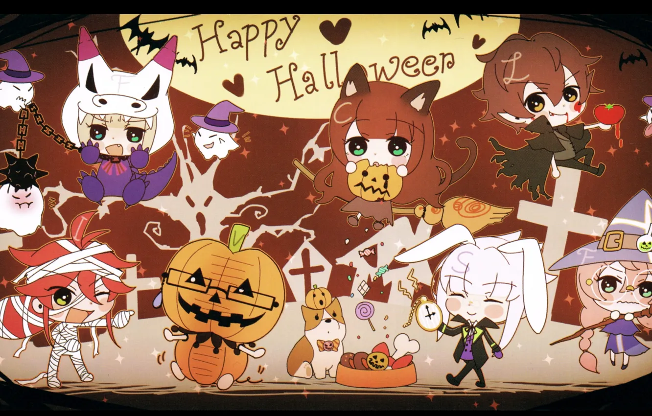 Photo wallpaper pumpkin, puppy, broom, characters, happy halloween, chibiki, code realize, impey barbicane