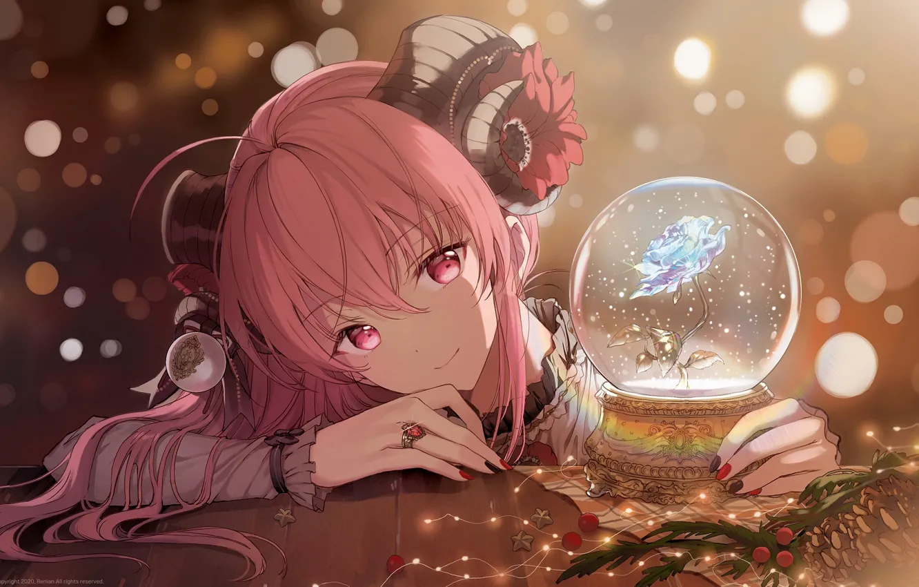 Photo wallpaper girl, ring, glass globe, blue rose, pink hair, at the table, the half-smile, blur bokeh